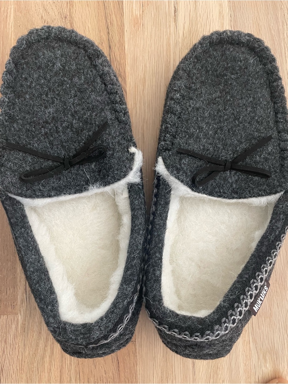 Muk Luks Gray Faux-Shearling Moccasin Slippers with Bow